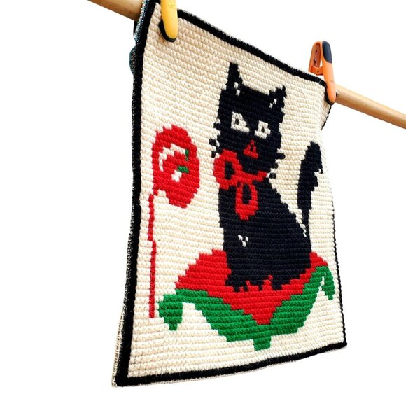 Vintage Gobelin Needlepoint Black Cat Kitten 14x14 Completed Canvas L 01.44 - Picture 5 of 12